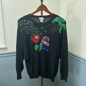 Vintage Mister Noah Beaded Sequin Floral Design Pullover Sweater Size Large